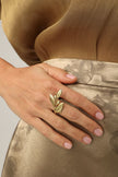 Handmade brass sculptural statement ring with leaf and fruit motifs