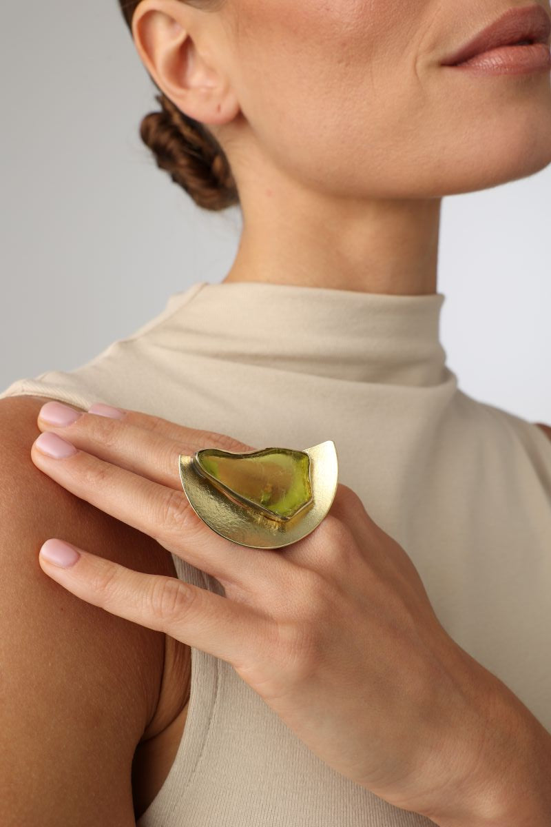 Pond Ring — handmade brass artisan statement ring with raw resin stone, jewelry made in Greece