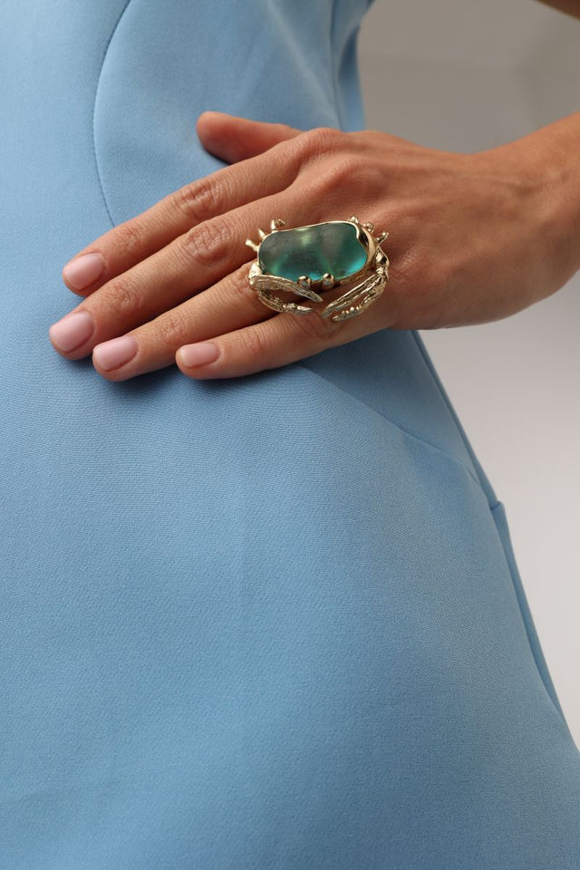 Crabby Ring — handmade brass artisan statement ring with resin stone and creature form, jewelry made in Greece
