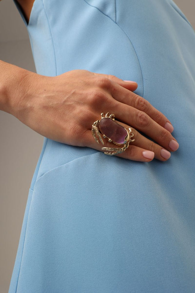 Crabby Ring — handmade brass sculptural crab ring with resin stone, gift for her