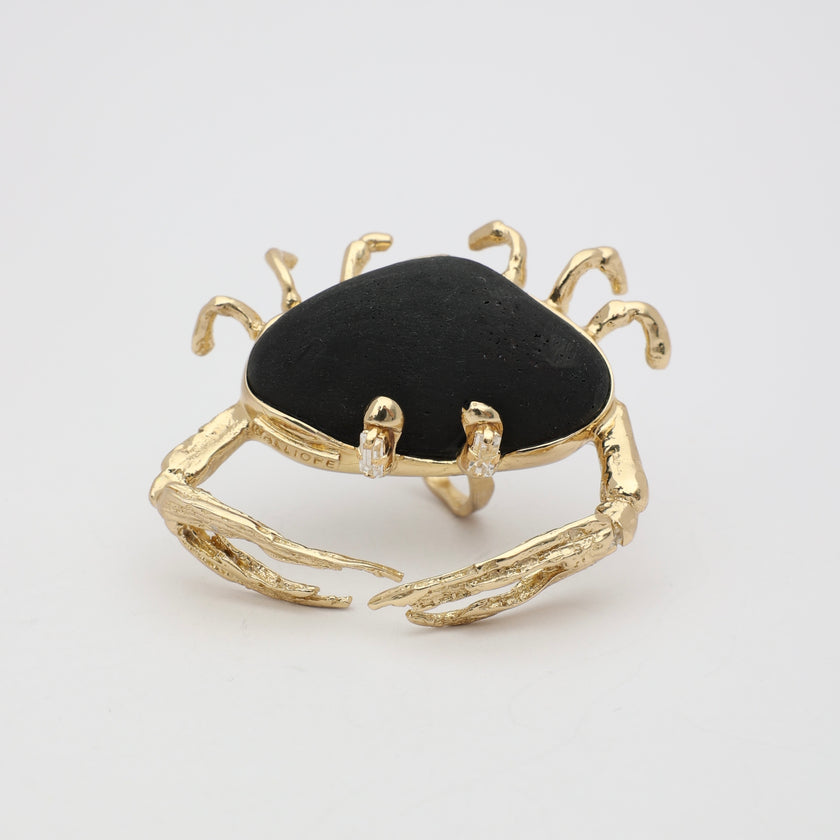 Claw Crabby Ring — handmade brass statement ring shaped as full crab with domed resin stone shell on white background