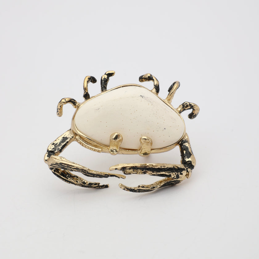 Claw Crabby Ring front view — handmade brass sculptural ring with eight crab legs and wide resin stone body