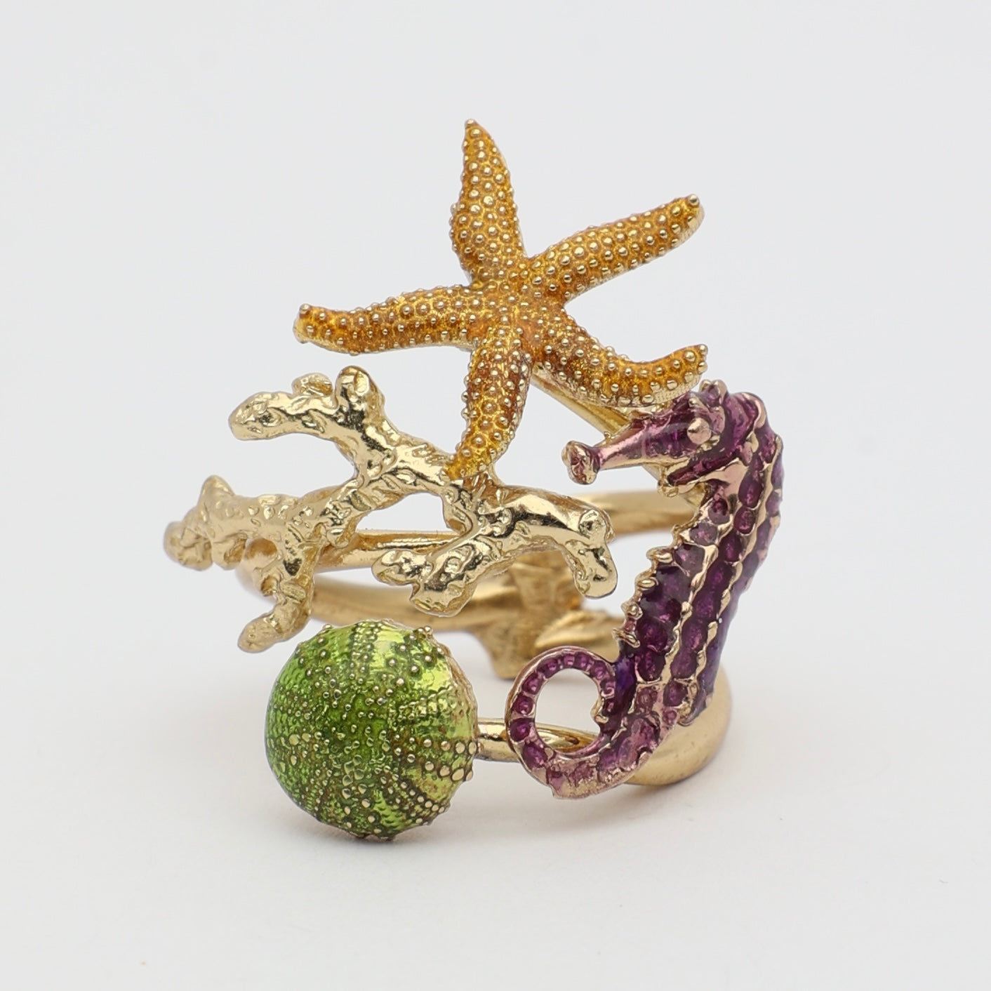 Coralia Ring — handmade brass sculptural ring with starfish and crystal seahorse, gift for her