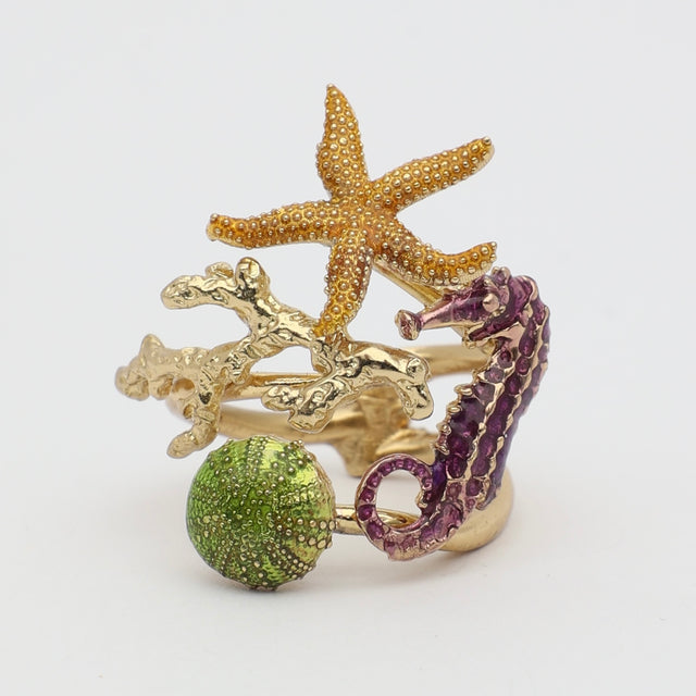 Coralia Ring — handmade brass sculptural ring with starfish and crystal seahorse, gift for her