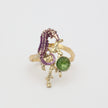 Single Coralia Ring — handmade brass statement ring with crystal seahorse and coral branch on white background