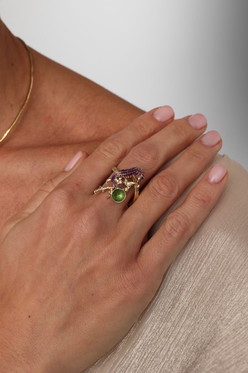 Single Coralia Ring detail — handmade brass ring with textured coral branch and open adjustable band