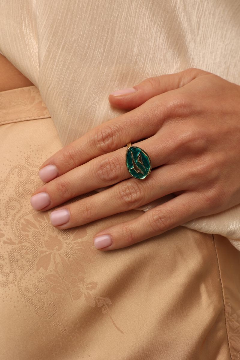 Delphi Ring — handmade brass oval enamel signet ring, artisan boho jewelry made in Greece