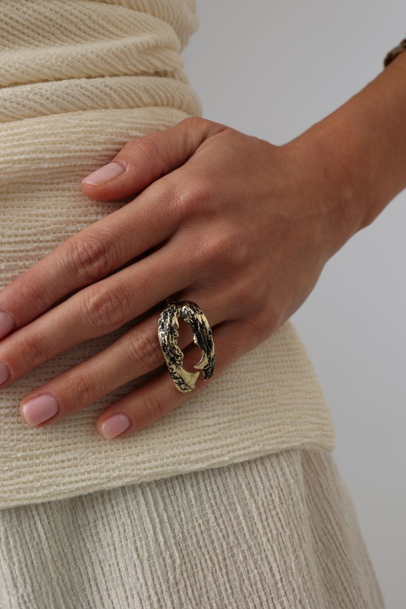Claw Ring — handmade brass artisan statement ring with verdigris and textured wrap, jewelry made in Greece