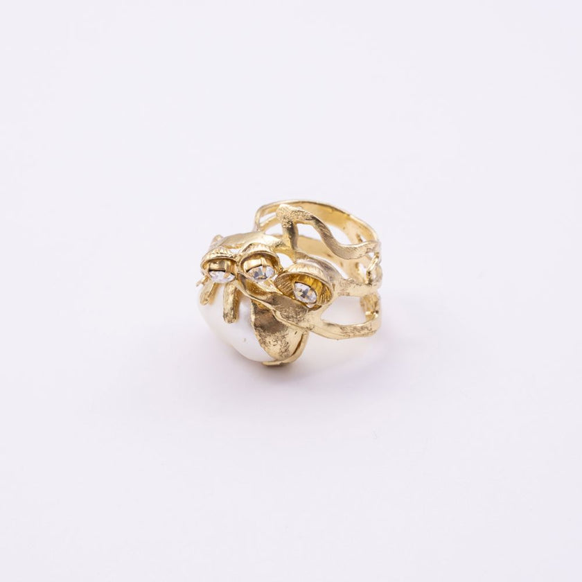 Brass open-band ring with baroque pearl and crystal detail, top view