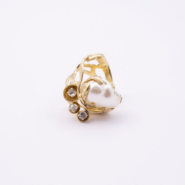 Brass statement ring with pearl and crystal cluster, side angle