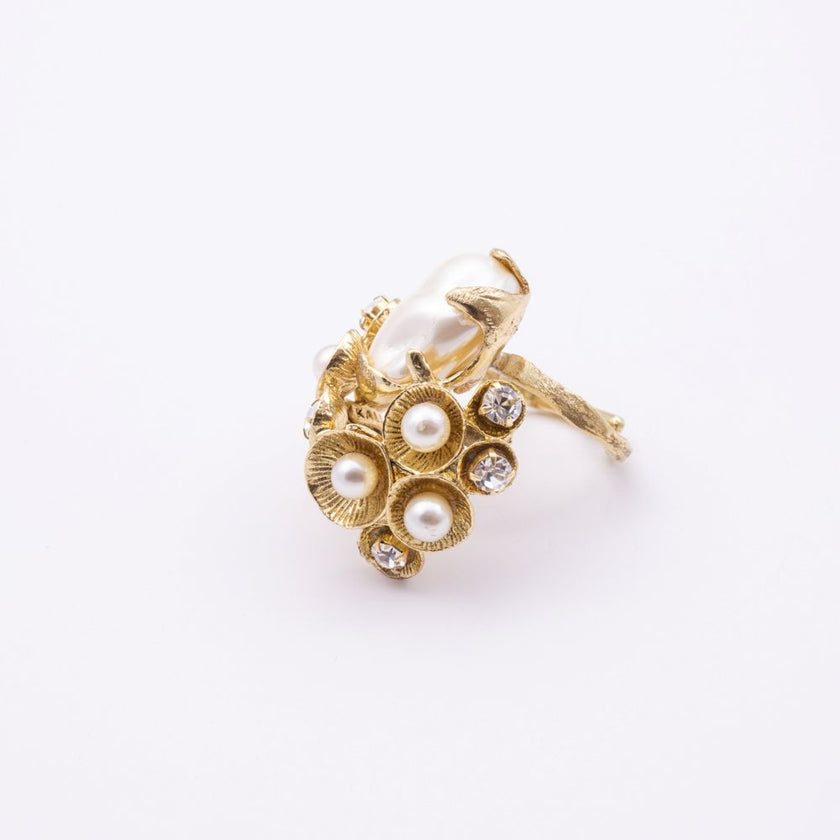 Brass pearl cluster ring with crystal accents, top view