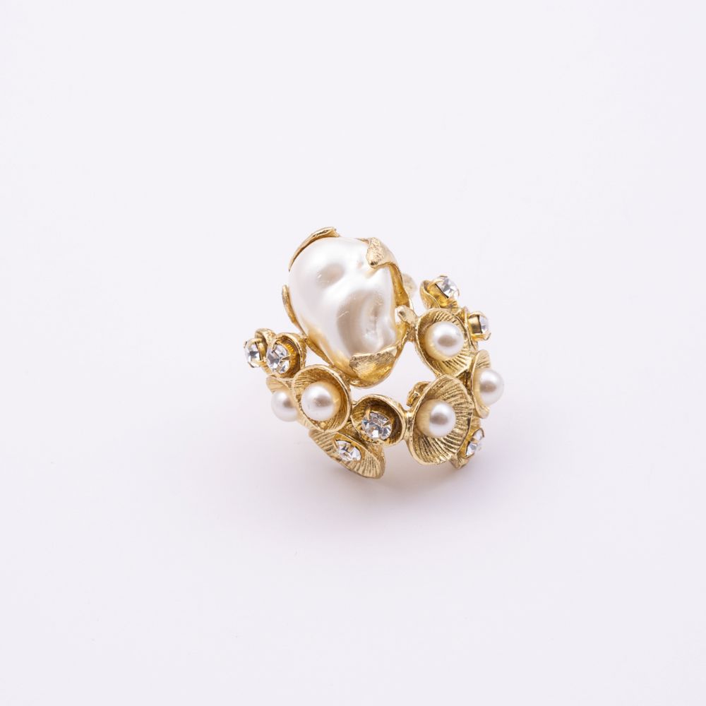 Brass statement ring with baroque pearl and pearl florets, side angle