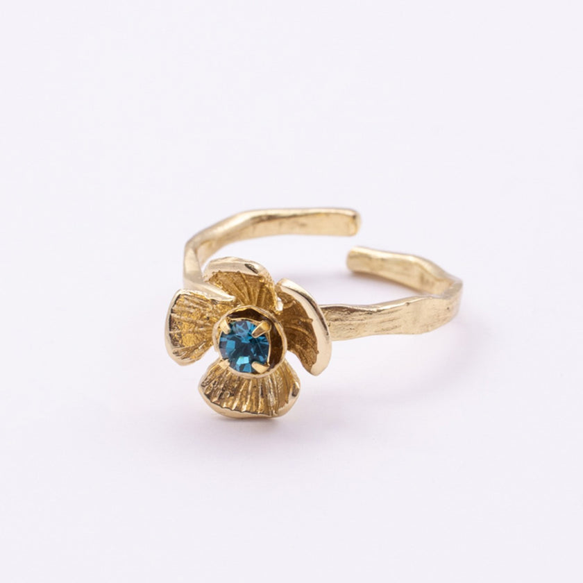 Posy Ring whitebox view — handmade brass sculptural flower ring with textured petals and prong-set stone