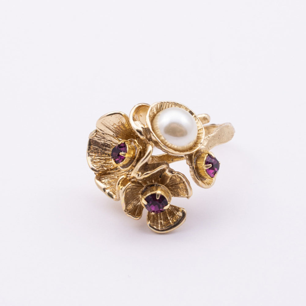 Rosebud Ring side view — handmade brass layered flower ring with pearl centerpiece and faceted stones