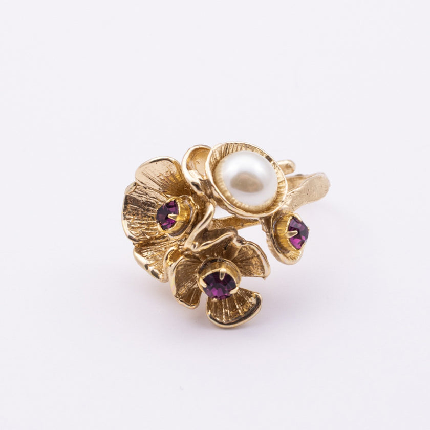 Rosebud Ring side view — handmade brass layered flower ring with pearl centerpiece and faceted stones