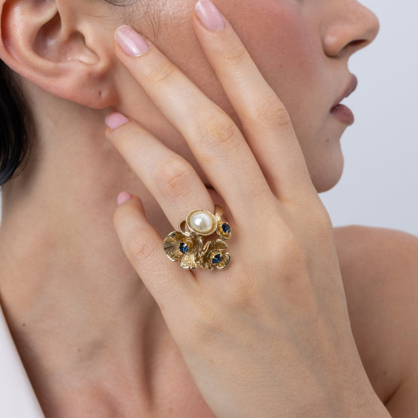 Rosebud Ring — handmade brass boho cluster ring with pearl and crystal stones, unique designer jewelry