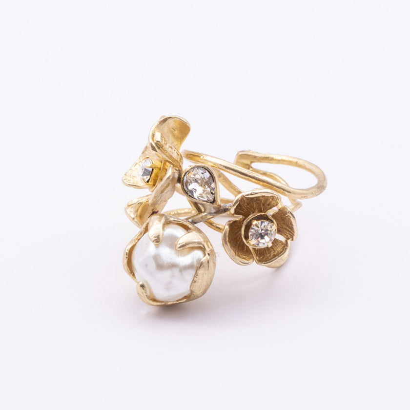 Bouquet Ring — handmade brass floral statement ring with crystal stones and pearl on white background