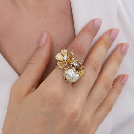 Bouquet Ring on model — handmade brass statement ring worn on finger showing scale and proportion