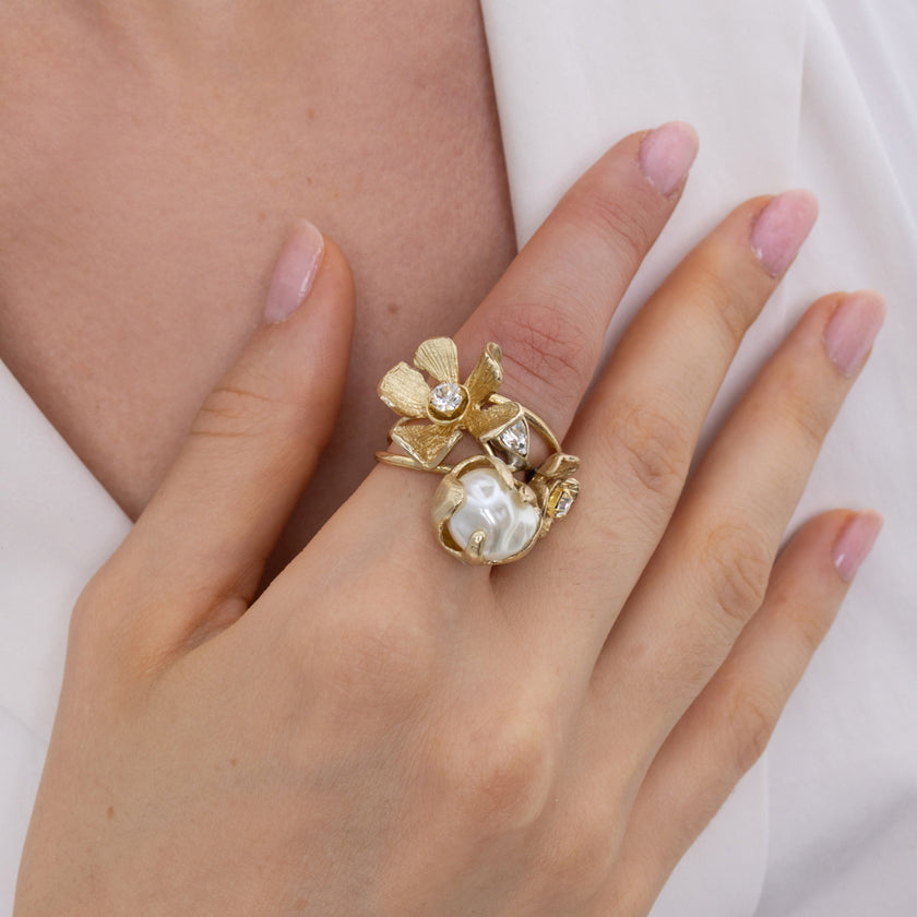 Bouquet Ring on model — handmade brass statement ring worn on finger showing scale and proportion