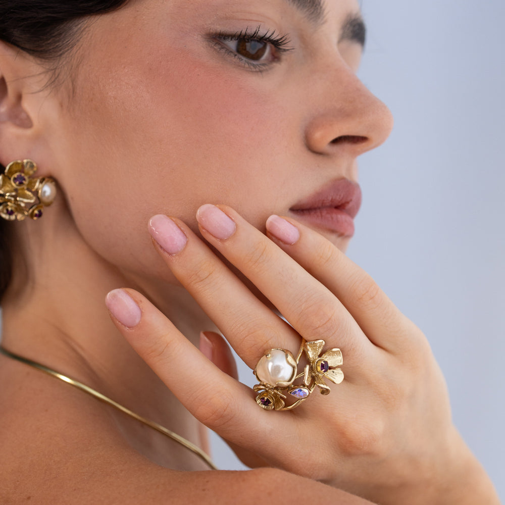 Bouquet Ring — handmade brass boho statement ring with crystal stones and pearl, unique designer jewelry