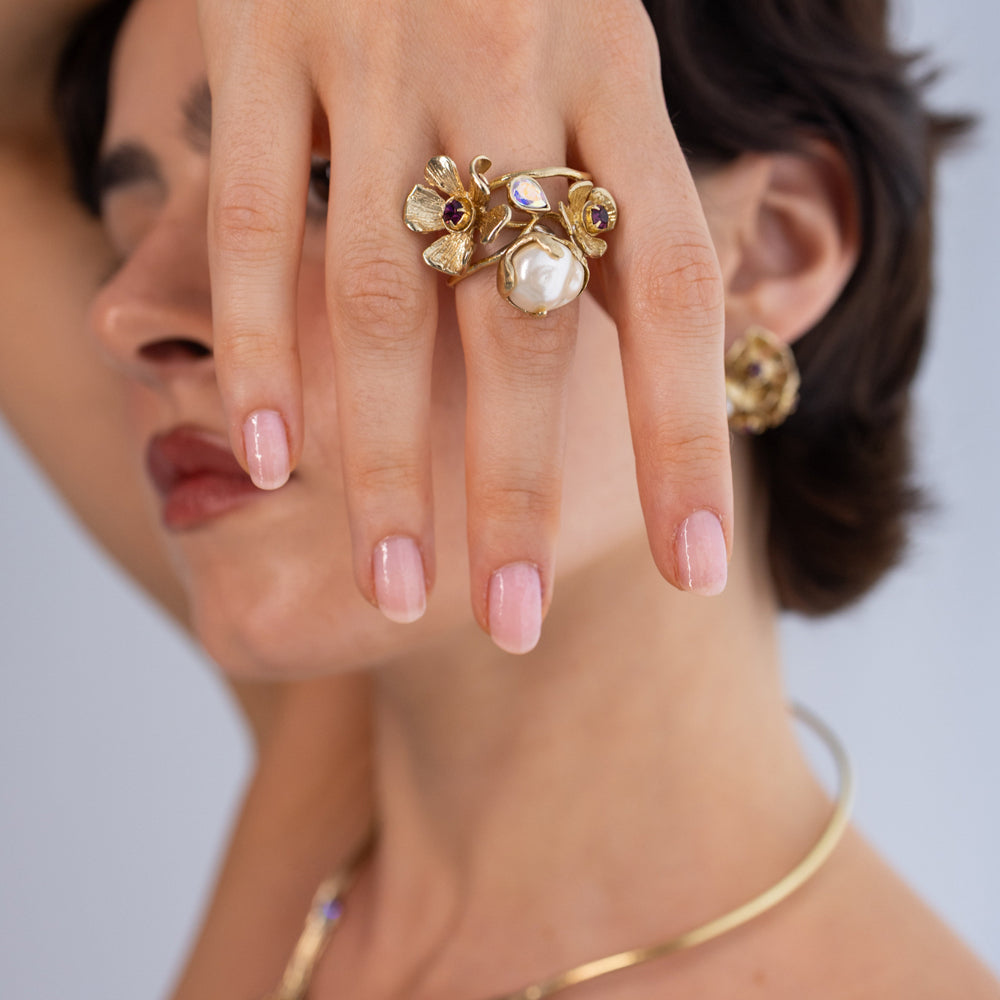 Bouquet Ring — handmade brass floral cocktail ring with pearl detail, gift for her