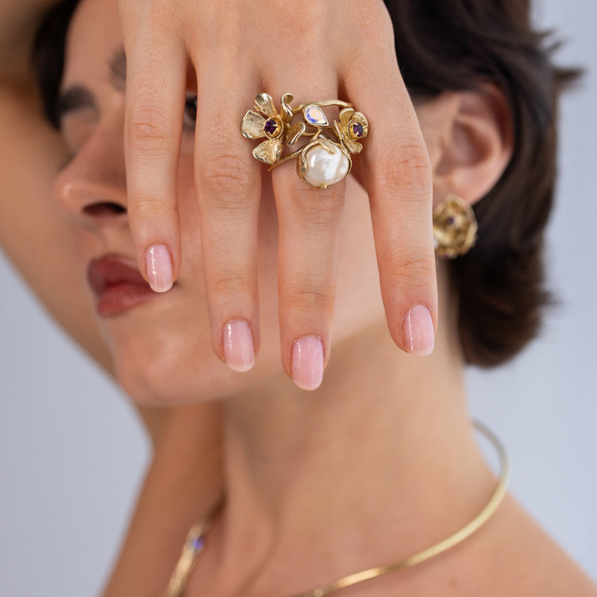 Bouquet Ring — handmade brass floral cocktail ring with pearl detail, gift for her