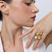 Double Posy Ring — handmade brass artisan flower ring with crystal stone and pearl, jewelry made in Greece