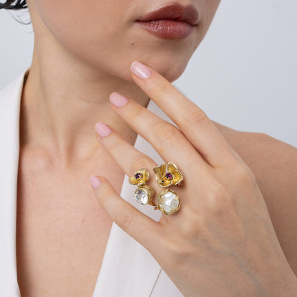 Double Posy Ring on model — handmade brass statement ring worn on finger showing scale and proportion