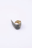 Pine green patina wrap statement ring with layered textured bands, angled view on white background
