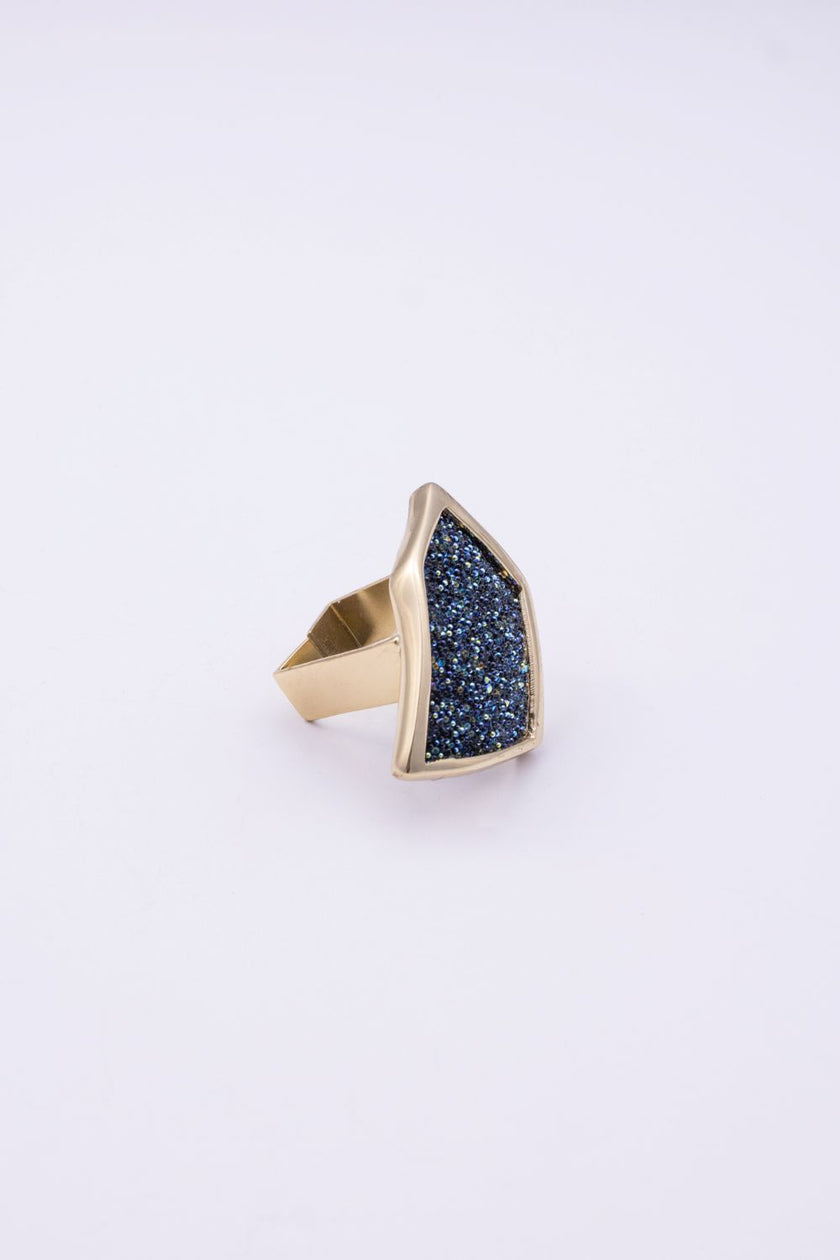 Side view of gold crystal ring showing open angular band, handmade in Greece