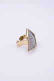 Gold geometric statement ring with crystal panel and open band, side view