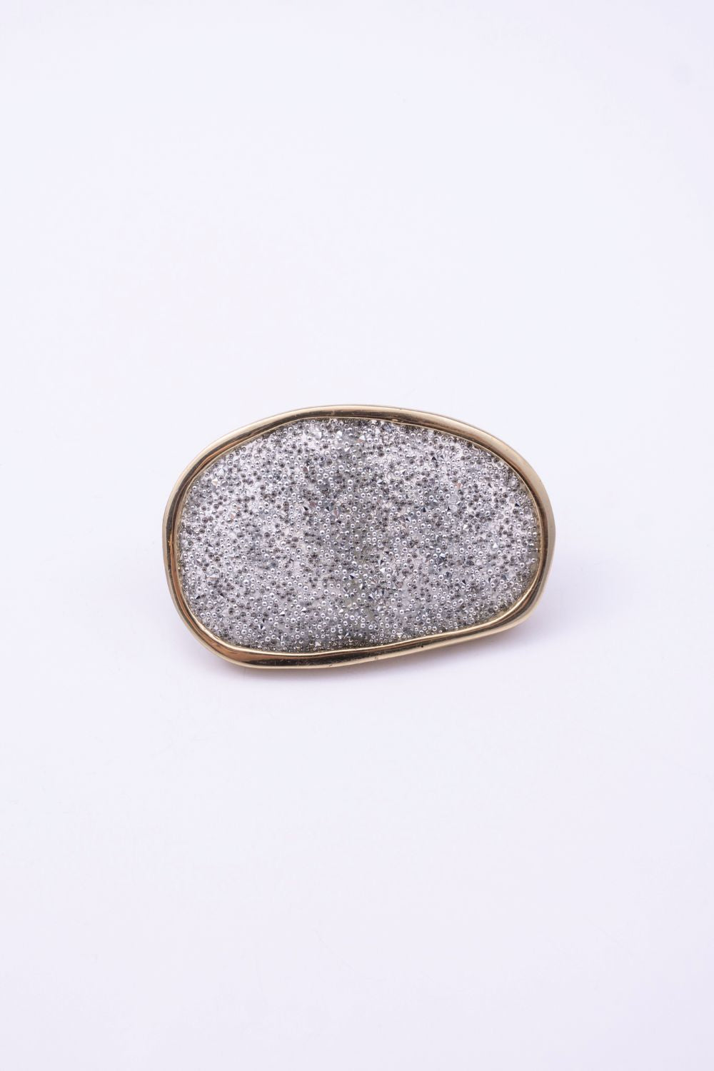 Front view of Glitter Kiss oval crystal ring with slim gold edge