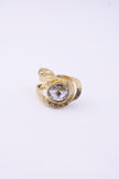 Shiny Boteh handmade gold-plated paisley statement ring with clear crystal and textured bands on a white background