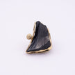 Kate black resin statement ring in a gold frame with organic cut-outs, front view on white background