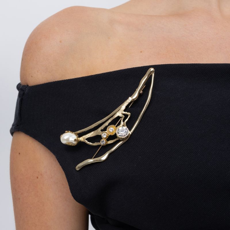 Handmade brass pearl and crystal branch pin worn on shoulder, Nerea