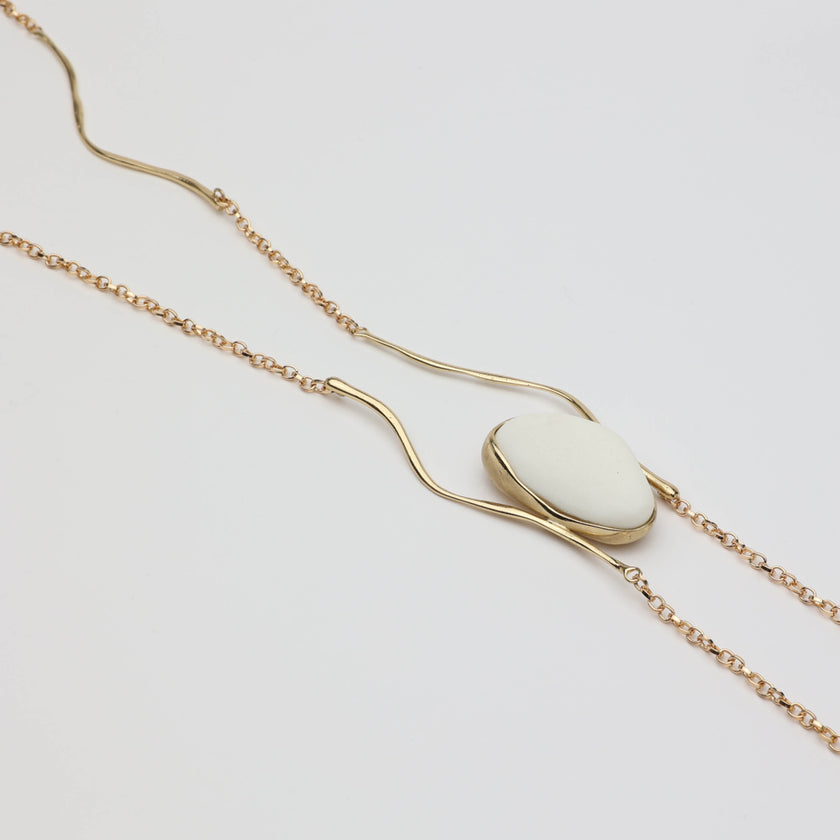Elemental Pebble Necklace — handmade brass boho long necklace with raw stone, unique designer jewelry