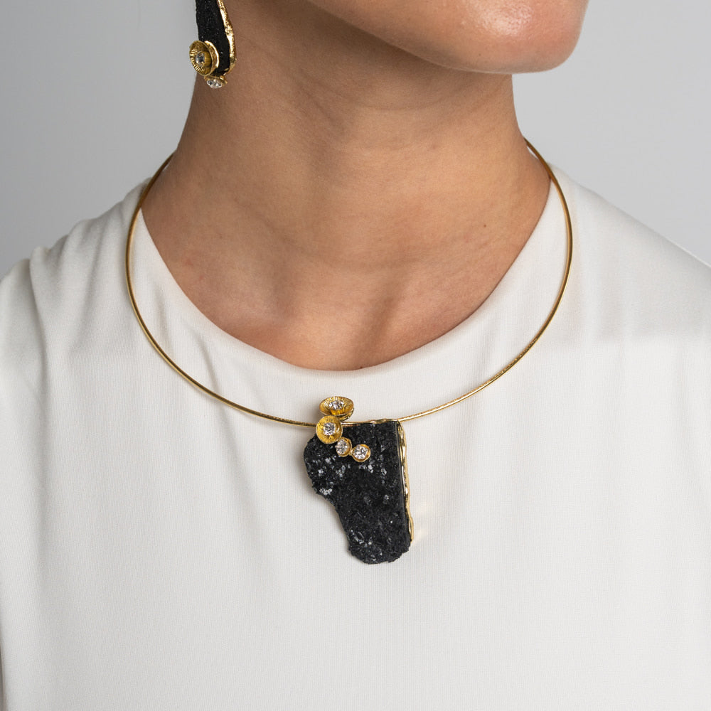 Necklace-Brass-Black Resin-White Crystal