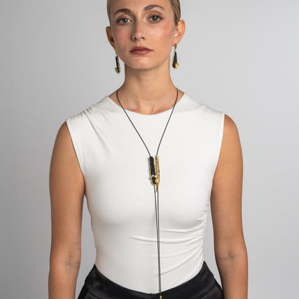 Necklace-Brass-Black Resin-White Crystal