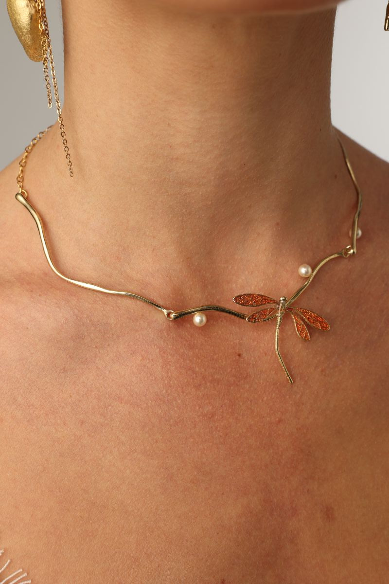 Buzz Necklace — handmade brass dragonfly statement necklace with enamel and freshwater pearls, made in Greece