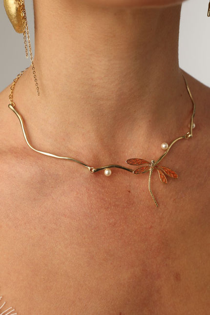 Buzz Necklace — handmade brass dragonfly statement necklace with enamel and freshwater pearls, made in Greece