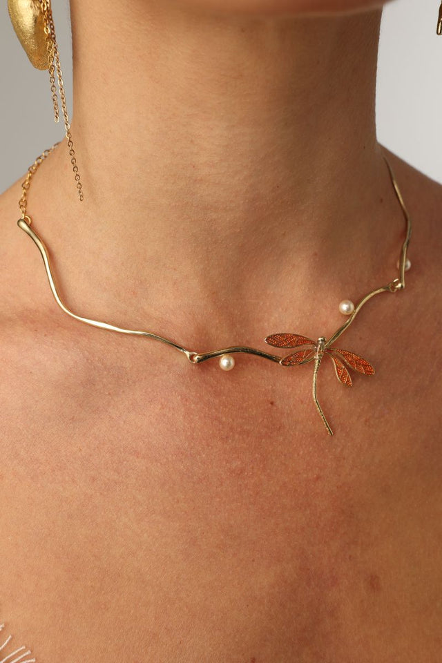 Buzz Necklace — handmade brass dragonfly statement necklace with enamel and freshwater pearls, made in Greece