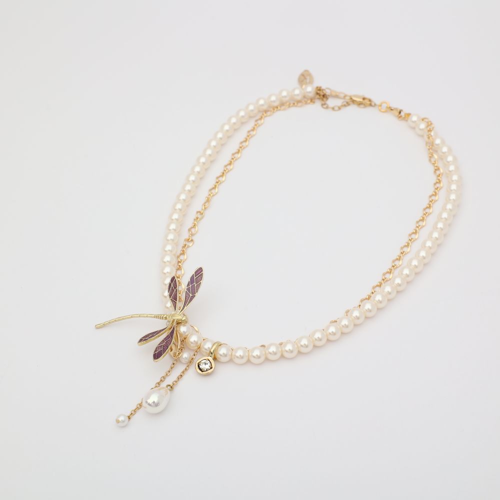 Fly Necklace — handmade brass dragonfly necklace with enamel wings, pearl strand and dangling pearl drops
