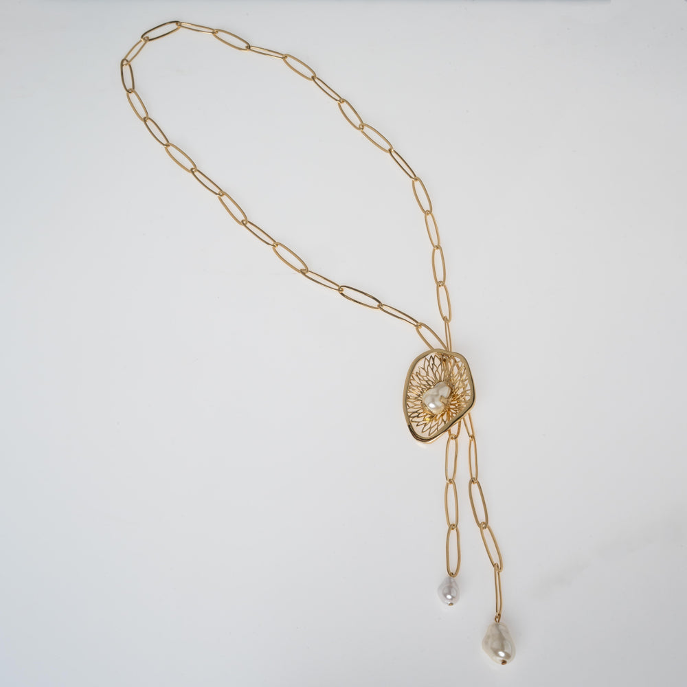 Handmade bronze necklace with amethyst crystal, creamrose detail and pearl accents by Kalliope Jewelry
