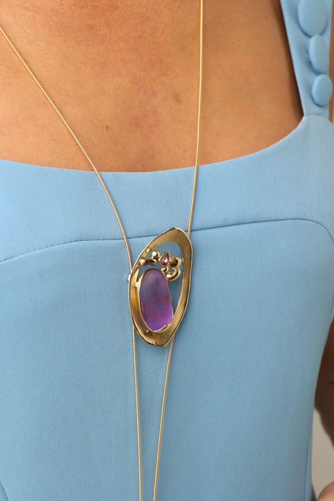 Pulse Necklace — handmade brass jewelry gemstone charm necklace with sea tokens on model
