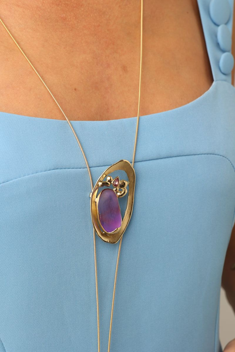 Pulse Necklace — handmade brass jewelry gemstone charm necklace with sea tokens on model