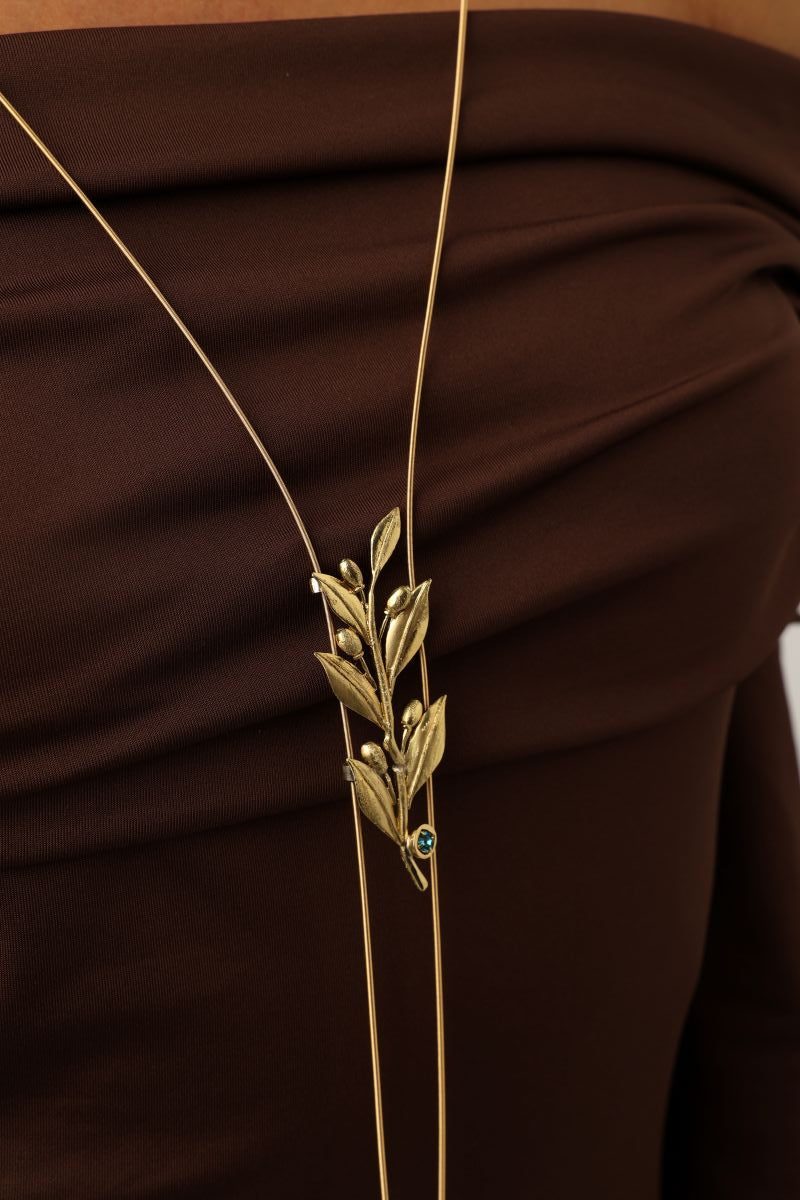 handmade brass long statement necklace from the Olive Tales collection, artisan jewelry made in Greece