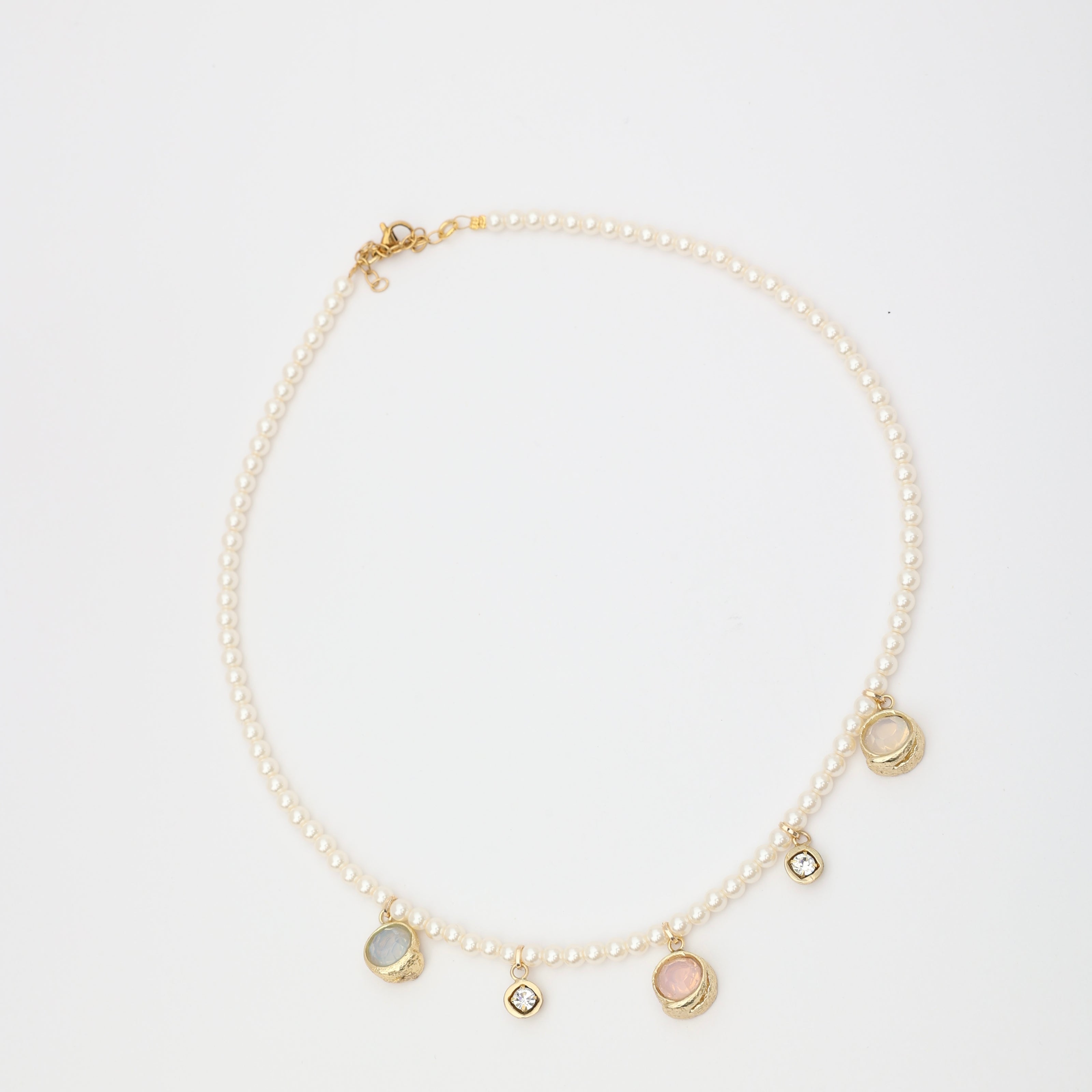 Lunelle Necklace — handmade freshwater pearl charm necklace with brass gemstone pendants, made in Greece
