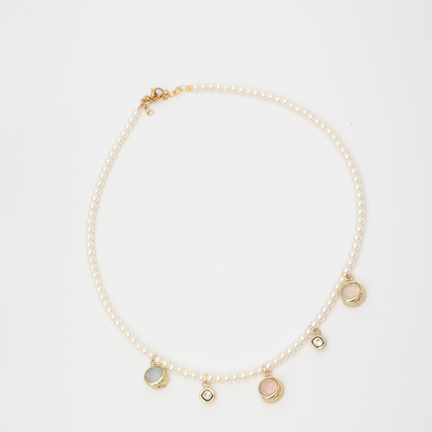 Lunelle Necklace — handmade freshwater pearl charm necklace with brass gemstone pendants, made in Greece