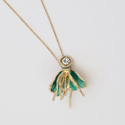Iria Necklace — handmade brass and green enamel pendant necklace with crystal stone