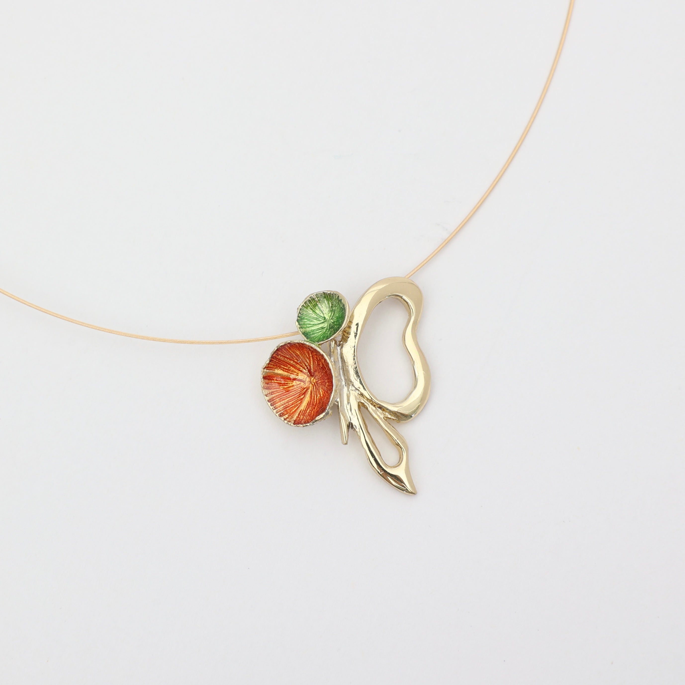 Nolia Necklace — artisan brass enamel pendant necklace, orange and green, made in Greece